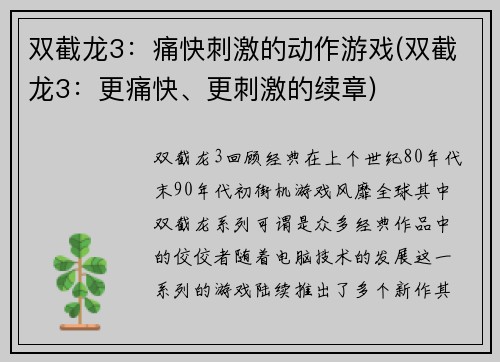 双截龙3：痛快刺激的动作游戏(双截龙3：更痛快、更刺激的续章)